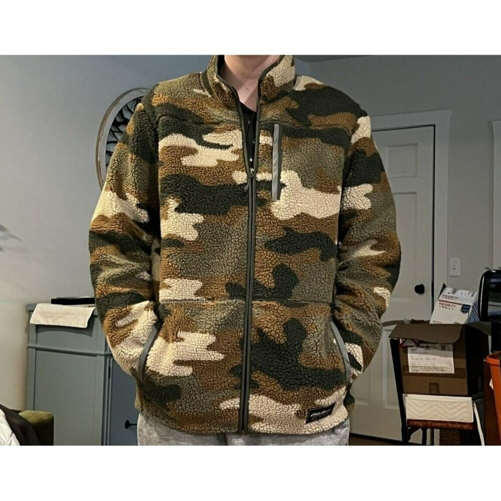 Eddie Bauer Chilali Faux Shearling Full-Zip Mock Neck‎ Camo L-TALL Multi Pocket